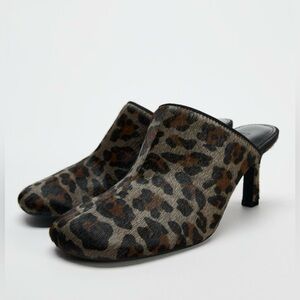 NWT Zara 100% Cow Fur Skin/ 90% Goat Leather Animal Print Mules size 38
